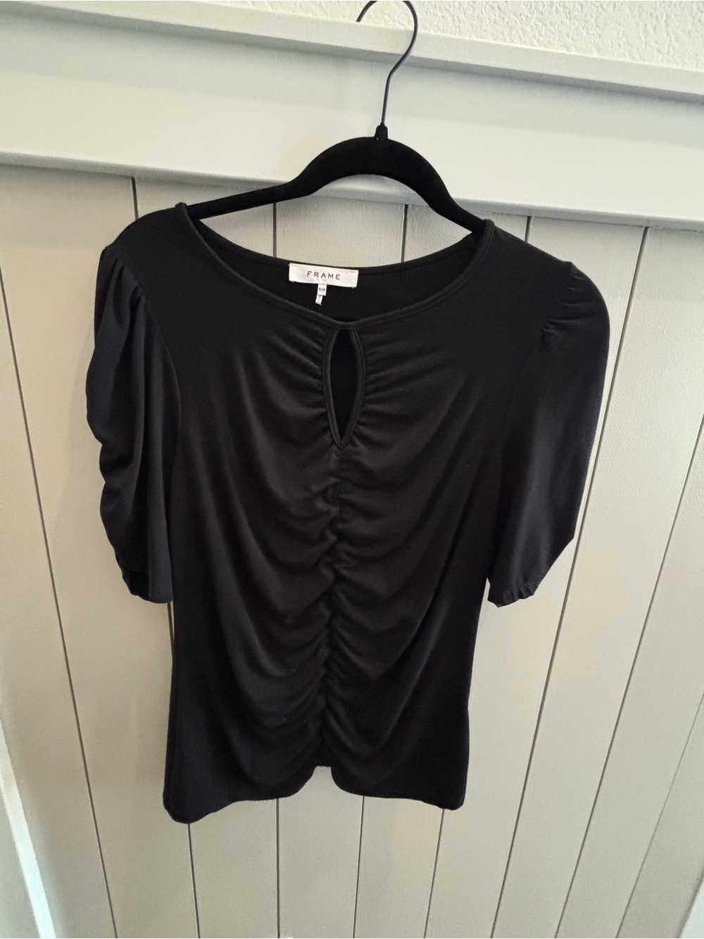 Frame Denim Black Short-Sleeve Ruched Keyhole Top